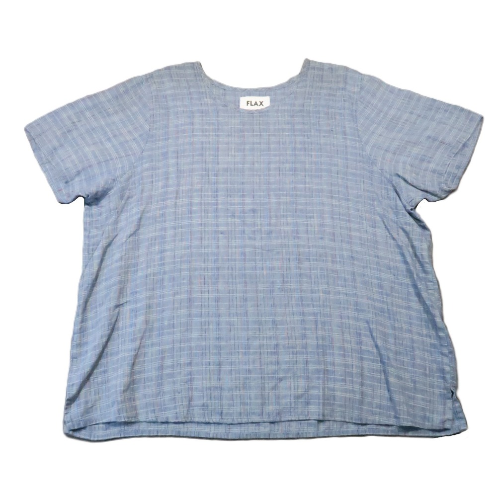 Flax Linen Shirt L Blue Grid Short Sleeve Boxy Pullover Lagenlook Coastal Luxury